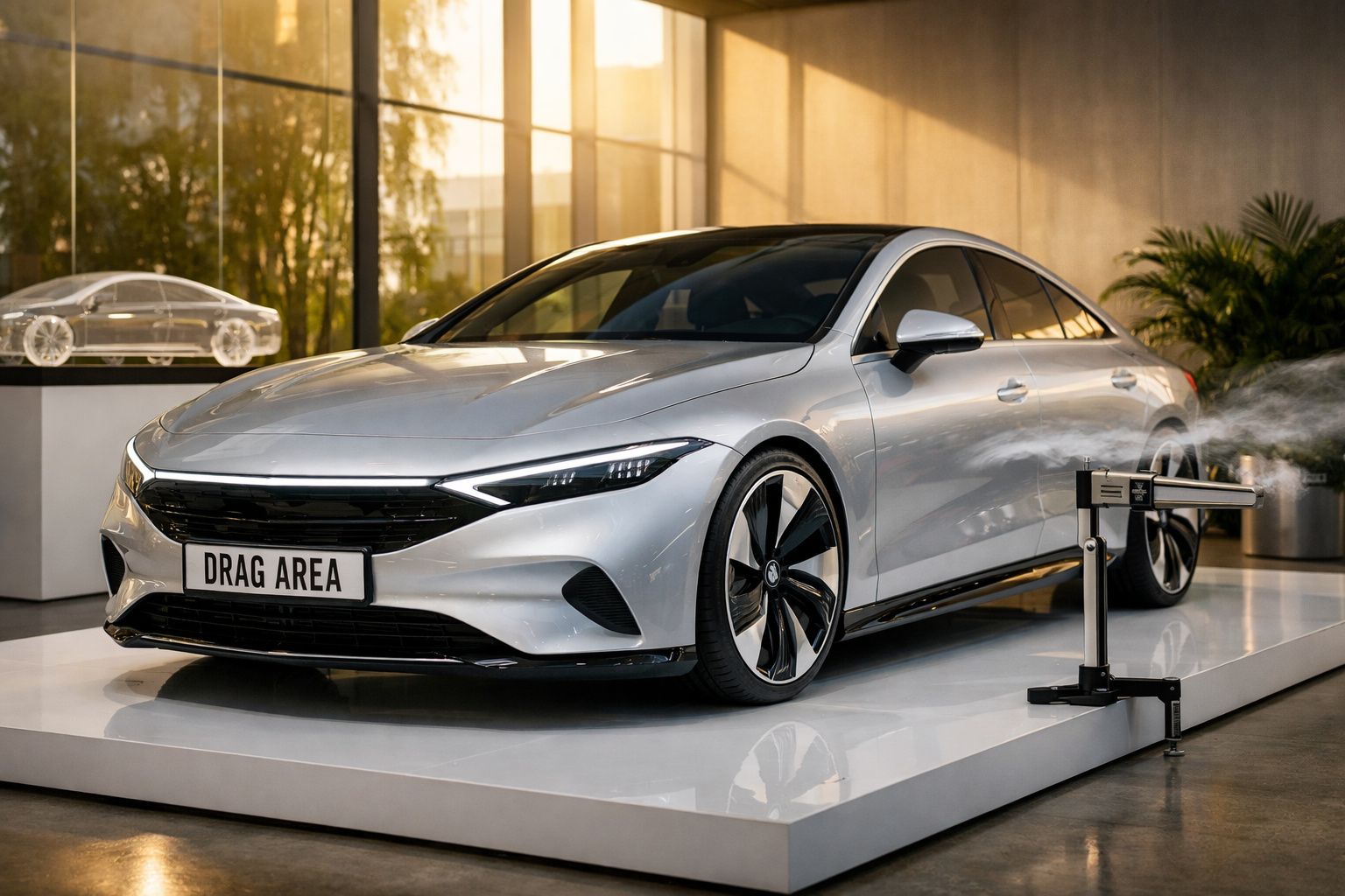 Carro prateado moderno em exposição com corrente de ar exibida ao lado, num ambiente iluminado por luz natural.
