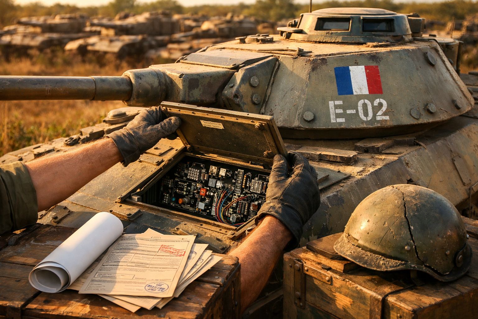 Mãos ajustam painel eletrónico num tanque militar antigo, com bandeira francesa e capacete ao lado.