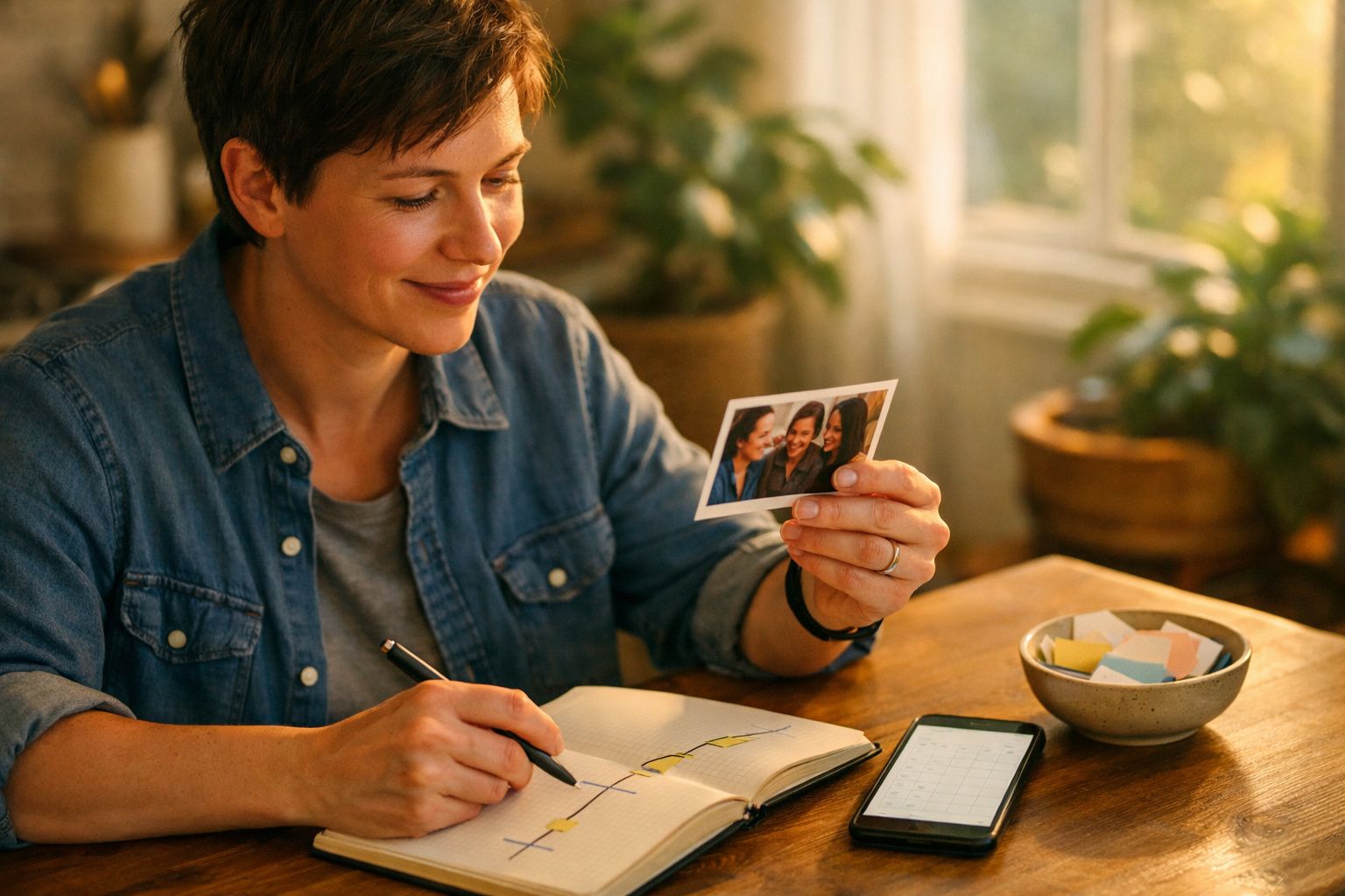 Mulher sorridente segura foto enquanto escreve em caderno, com telemóvel e janela ao fundo.
