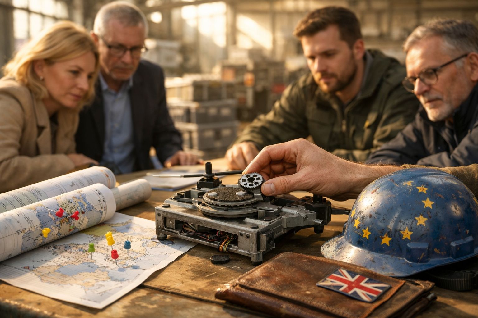 Grupo de pessoas analisa mapas e objeto mecânico em mesa, capacete azul com estrelas ao lado.