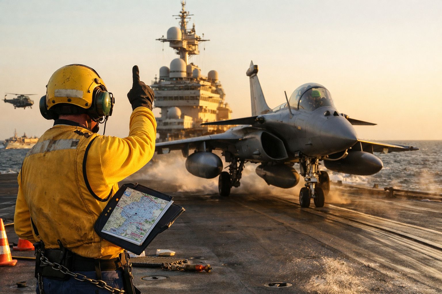 Dois aviões de combate descolam de um porta-aviões, com navios ao fundo no oceano, ao entardecer.