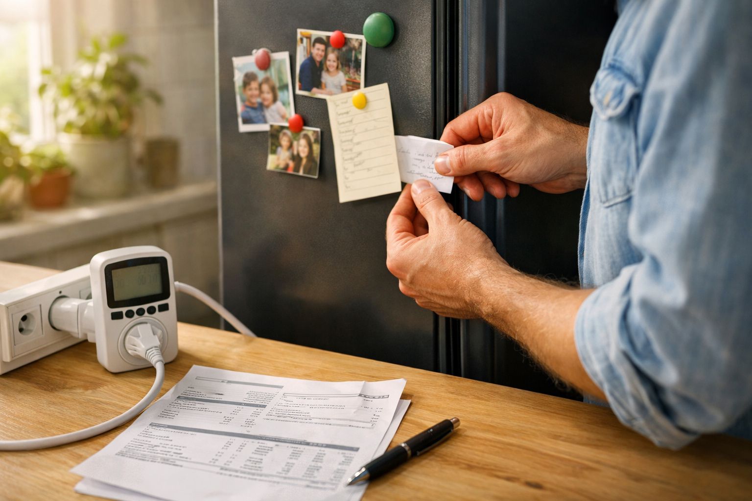 Homem segurando papel em frente a frigorífico com fotos e listas. Perto, tomada com contador de energia e fatura na mesa.