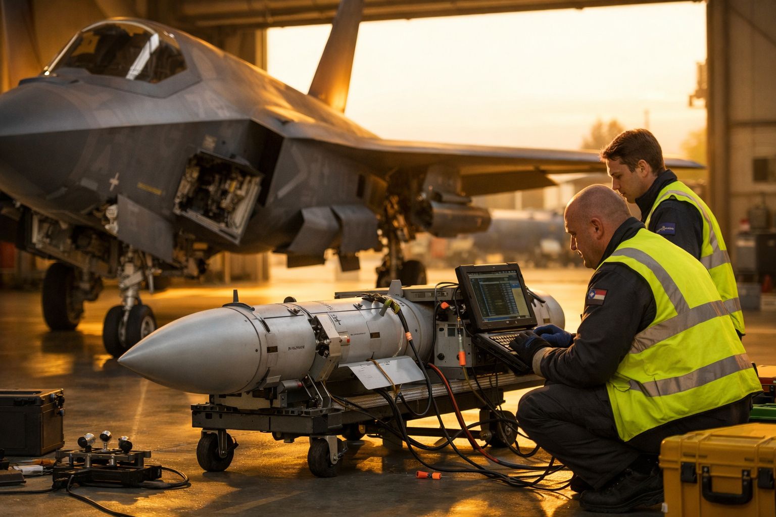 Dois técnicos analisam dados num laptop ao lado de um avião de combate num hangar iluminado pela luz do sol.