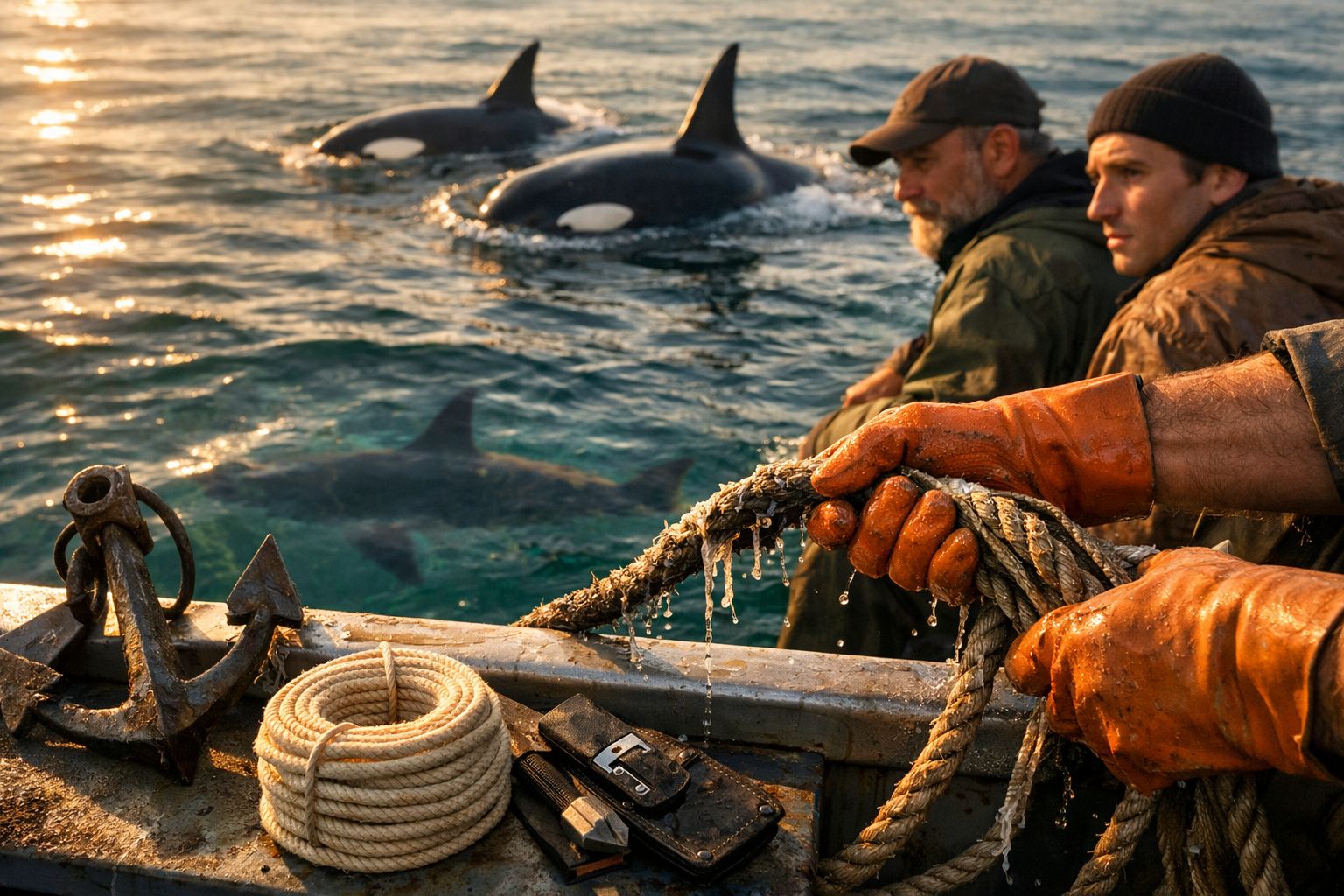 Mão segura corda num barco, com duas orcas a nadar ao fundo.