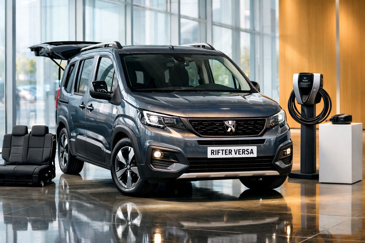 Carro Peugeot Rifter Versa cinza estacionado num showroom com carregador elétrico ao lado.