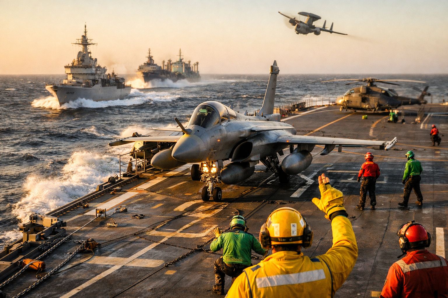 Avião militar num porta-aviões no mar, rodeado por navios e helicóptero ao fundo, tripulação em operação no convés.