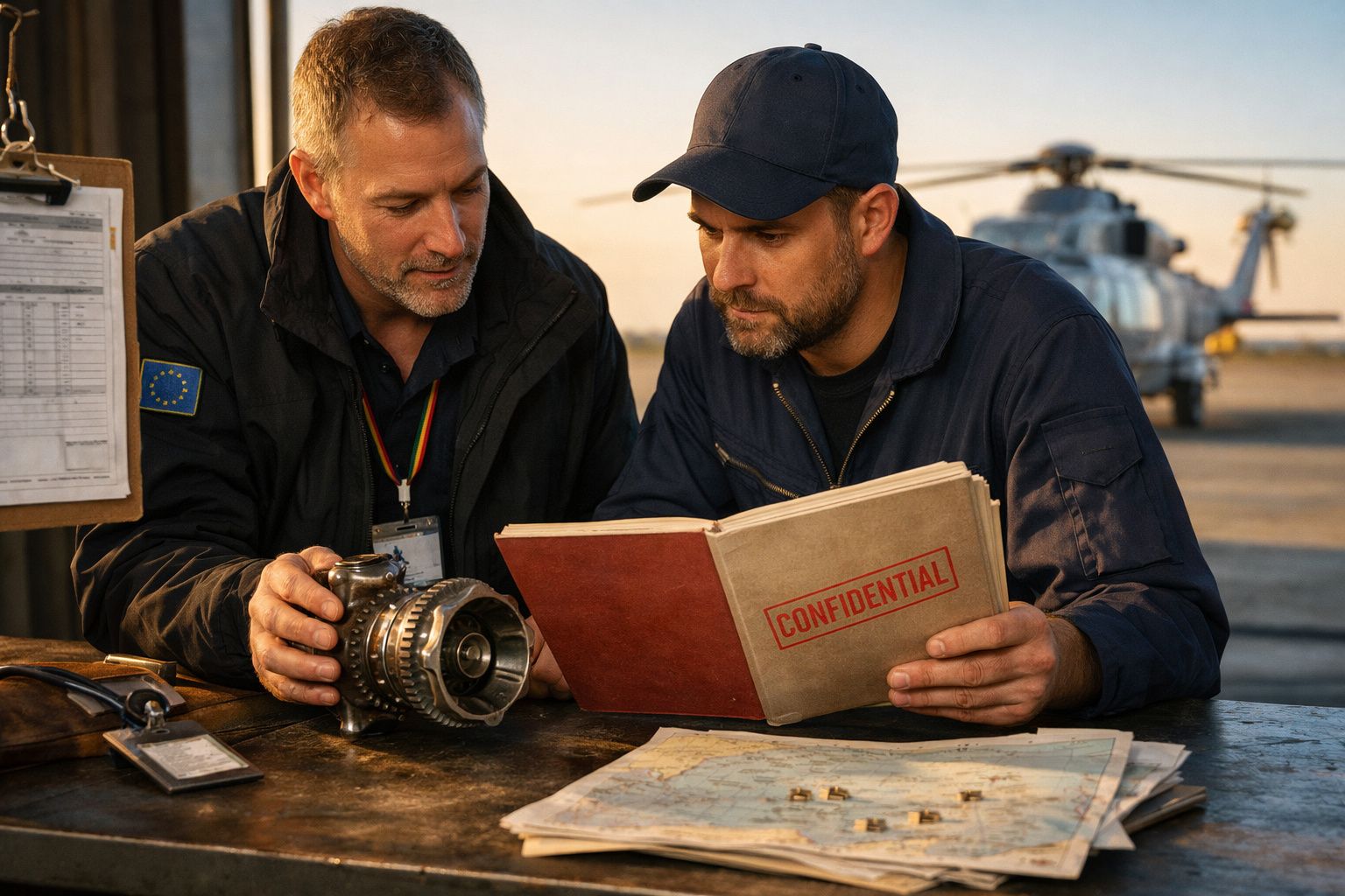 Dois homens analisam documentos confidenciais em frente a um helicóptero, com peças de máquina e mapas na mesa.