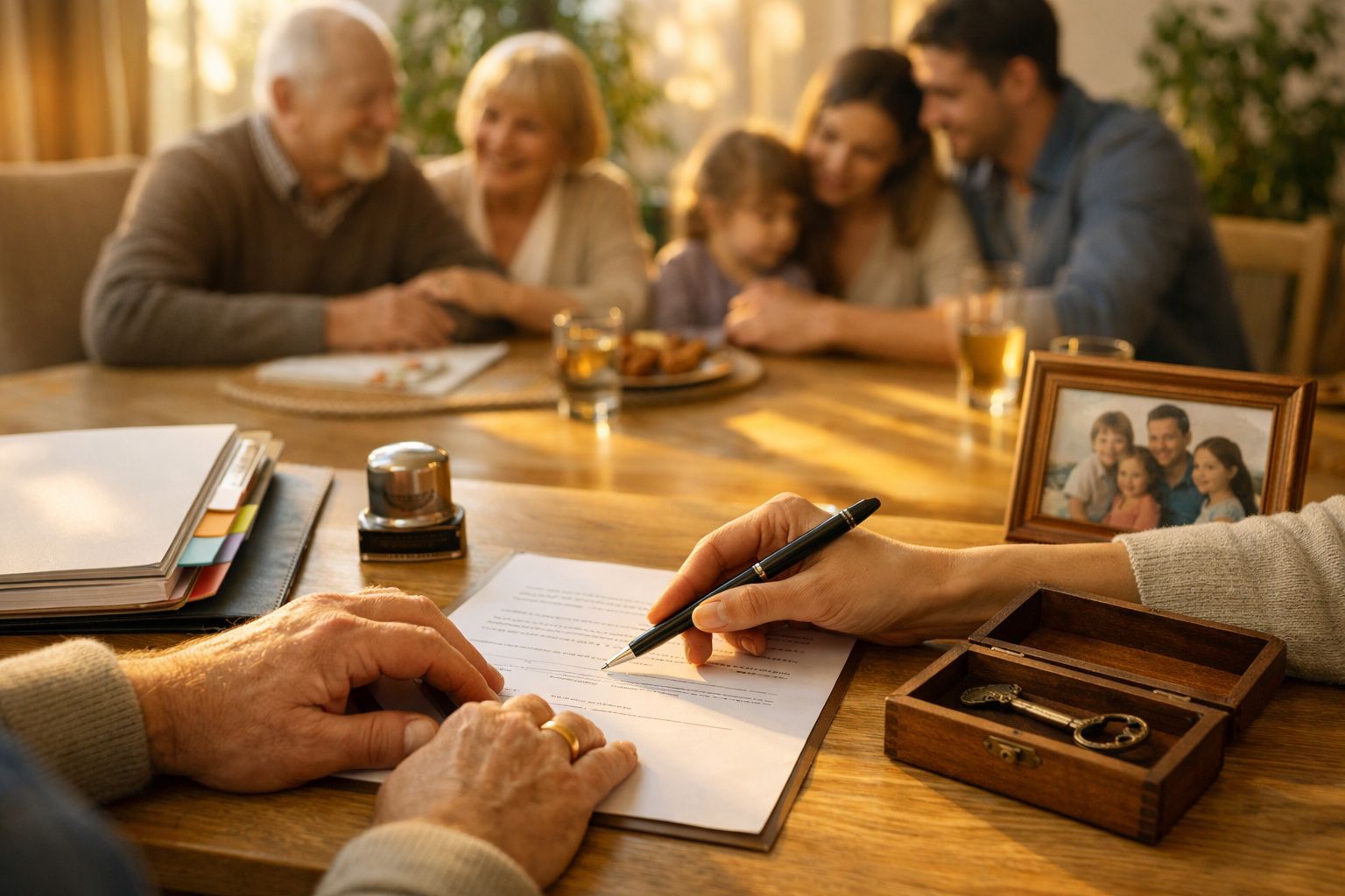 Pessoa a assinar documentos na mesa com família ao fundo e foto de família em moldura.
