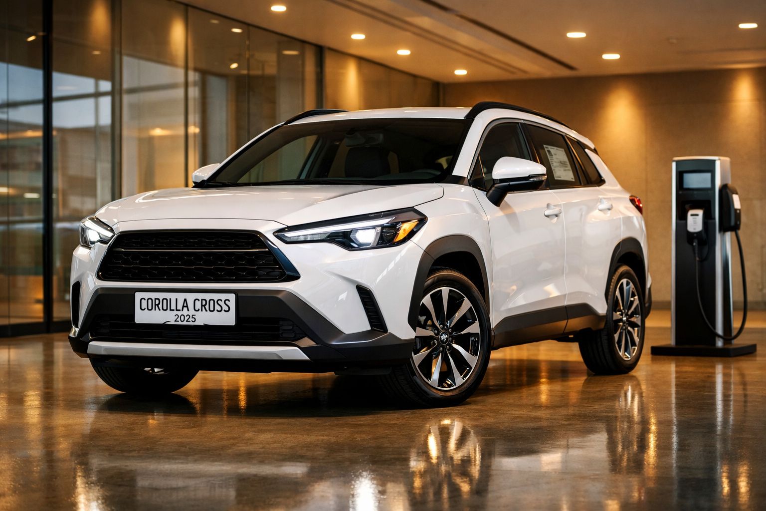 SUV branco modelo Corolla Cross 2025 num showroom, com carregador elétrico ao lado.