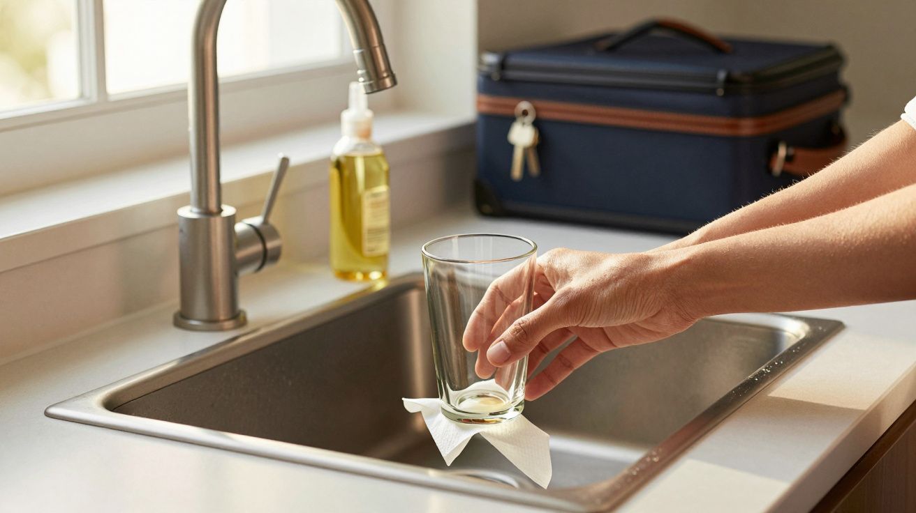 Mão feminina segurando um copo sobre a pia da cozinha, com detergente líquido ao fundo.