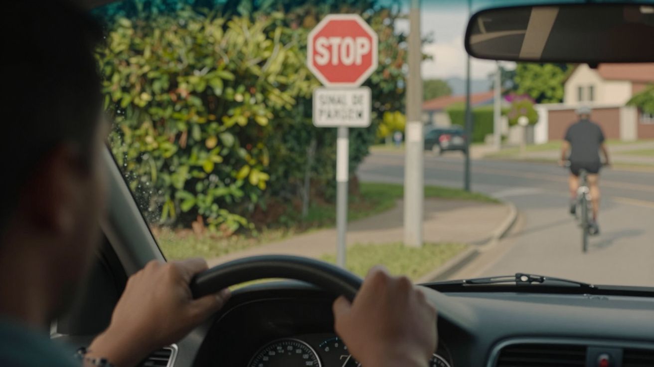 Condutor vê ciclista à frente numa estrada residencial, próximo de um sinal de stop.