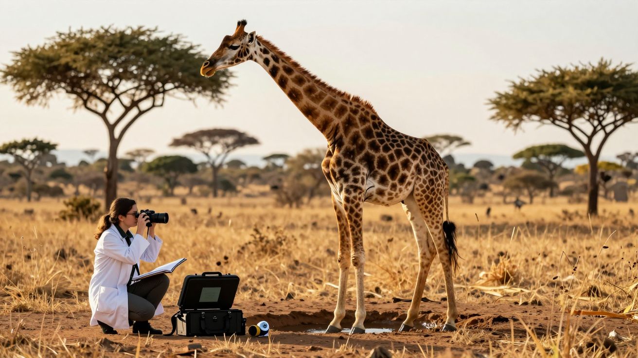 Investigadora observa girafa com binóculos numa savana, rodeada de árvores e equipamentos científicos.