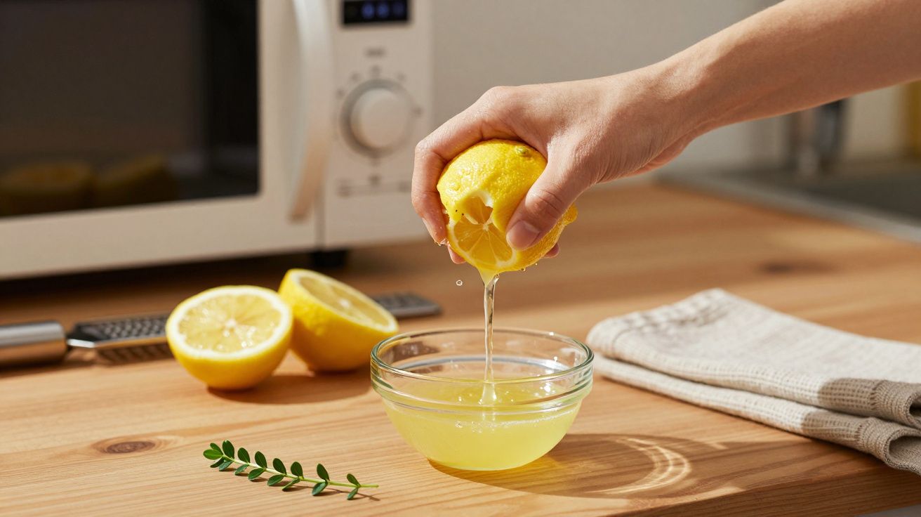 Mão a espremer limão sobre uma taça de vidro com sumo em cima de uma bancada de madeira.