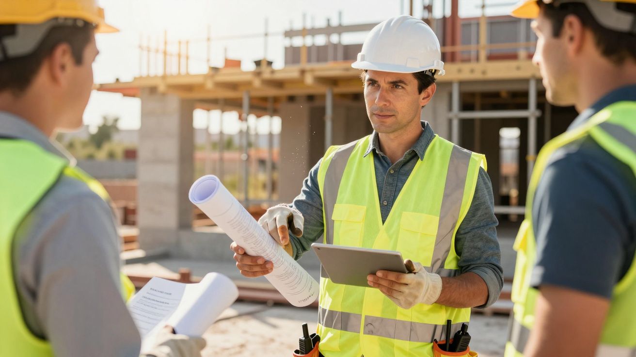 Engenheiro de capacete e colete, revisa planos e tablet em obra, conversando com dois trabalhadores.