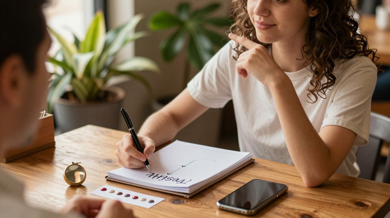 Mulher com cabelo encaracolado escreve "Possível" num caderno, sentada à mesa com smartphone e planta ao fundo.