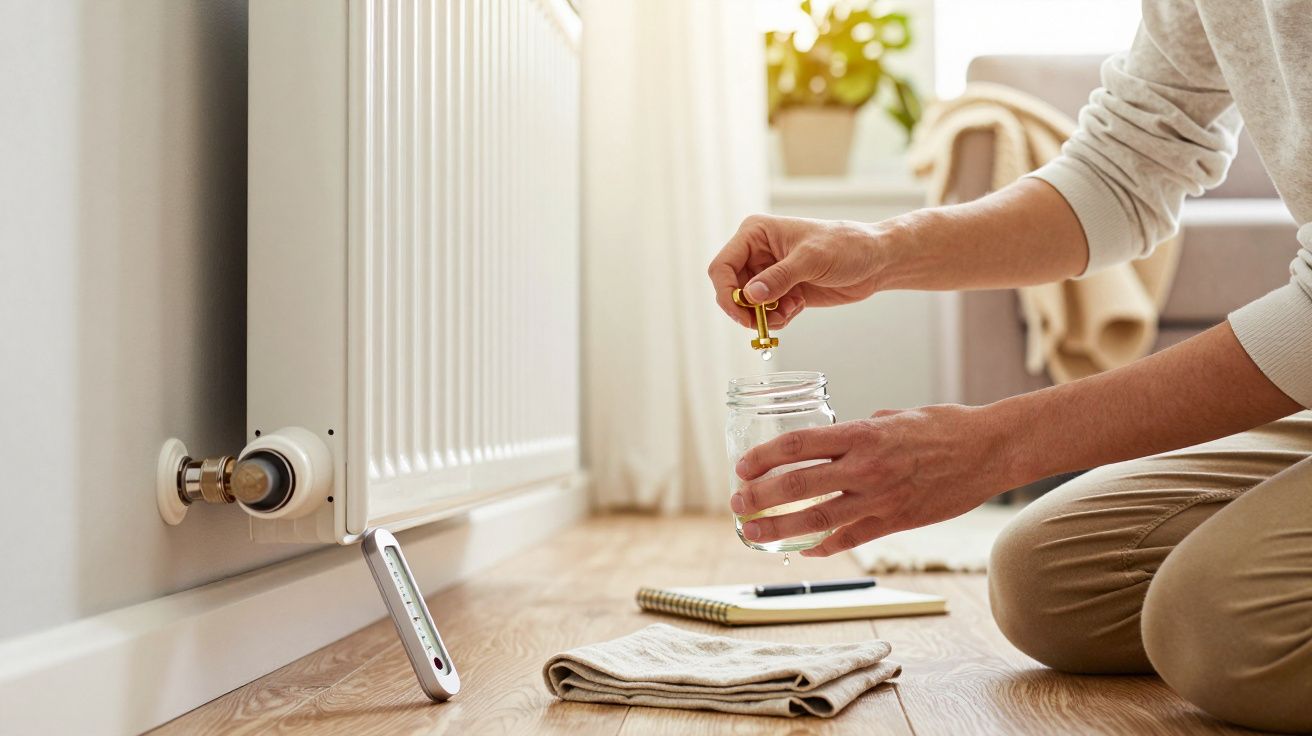 Pessoa purgando um radiador com um frasco e uma chave, com um pano e bloco de notas no chão de madeira.