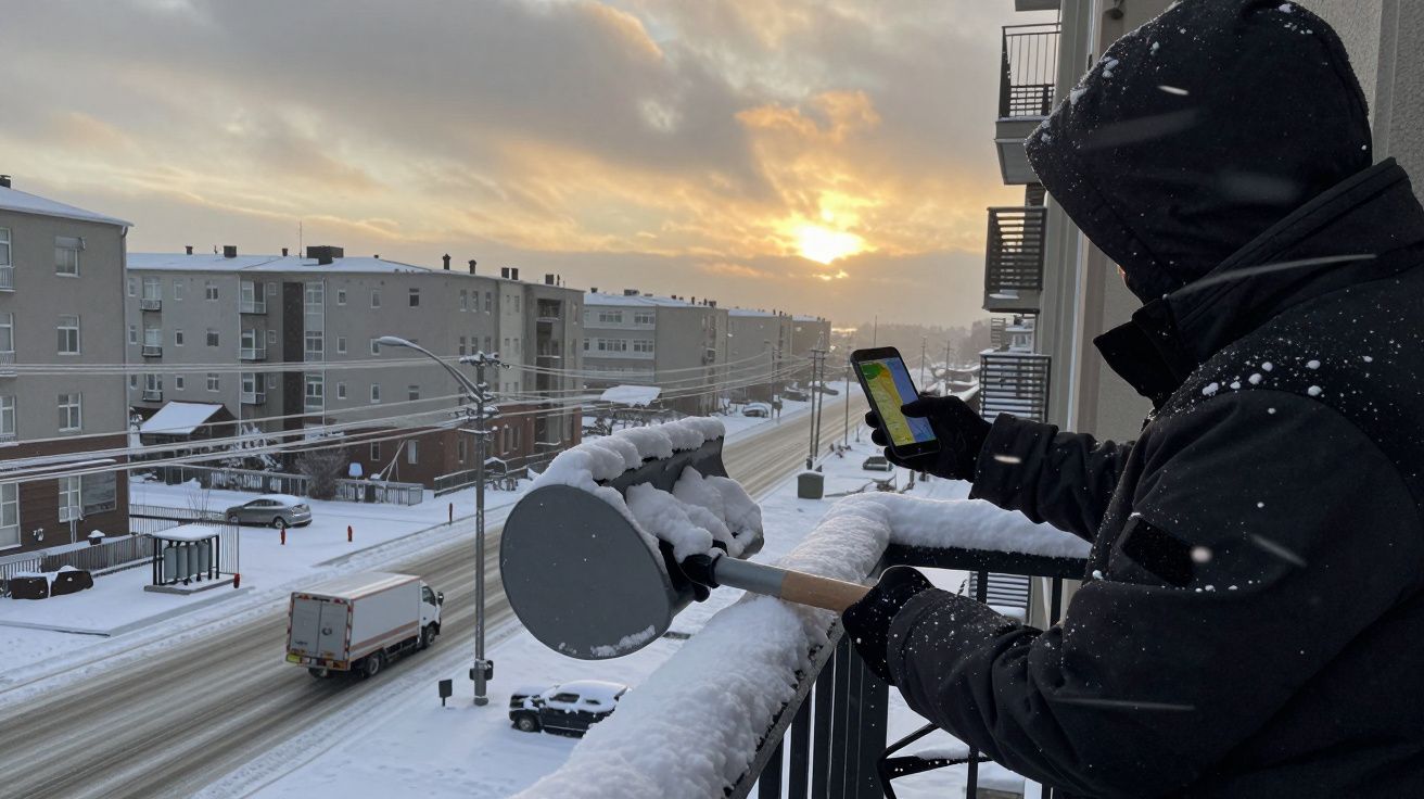 Pessoa com casaco observa o telemóvel numa varanda nevada, com edifícios e um camião ao fundo sob um céu nublado.