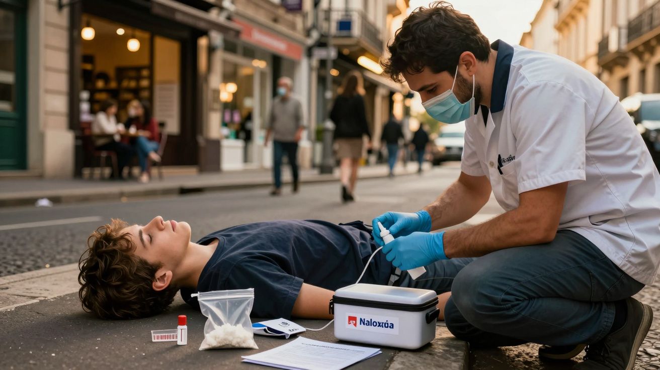 Socorrista administra Naloxona a jovem deitado na rua, com produtos médicos ao lado.