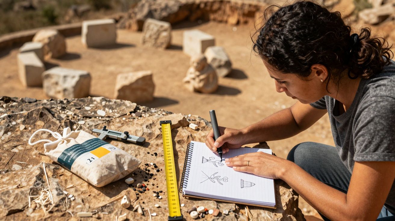 Mulher desenha em bloco de notas ao ar livre, cercada por pedras e materiais de arqueologia sobre uma rocha.