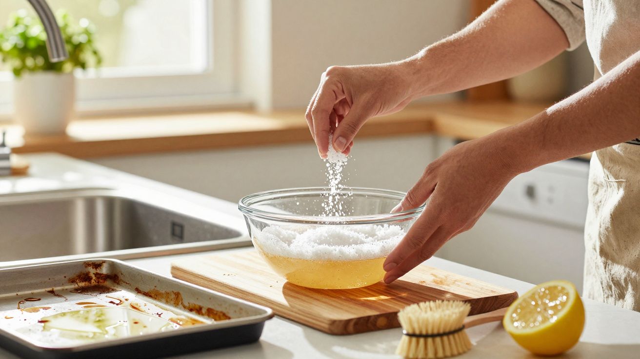 Pessoa adiciona sal a um recipiente com água na cozinha; tabuleiro de forno sujo e limão ao lado.
