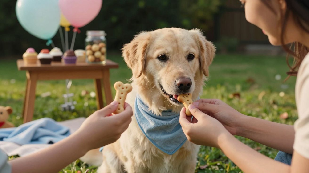 Cão dourado com lenço azul é alimentado com bolachas por duas pessoas em piquenique com balões e mesa de doces.