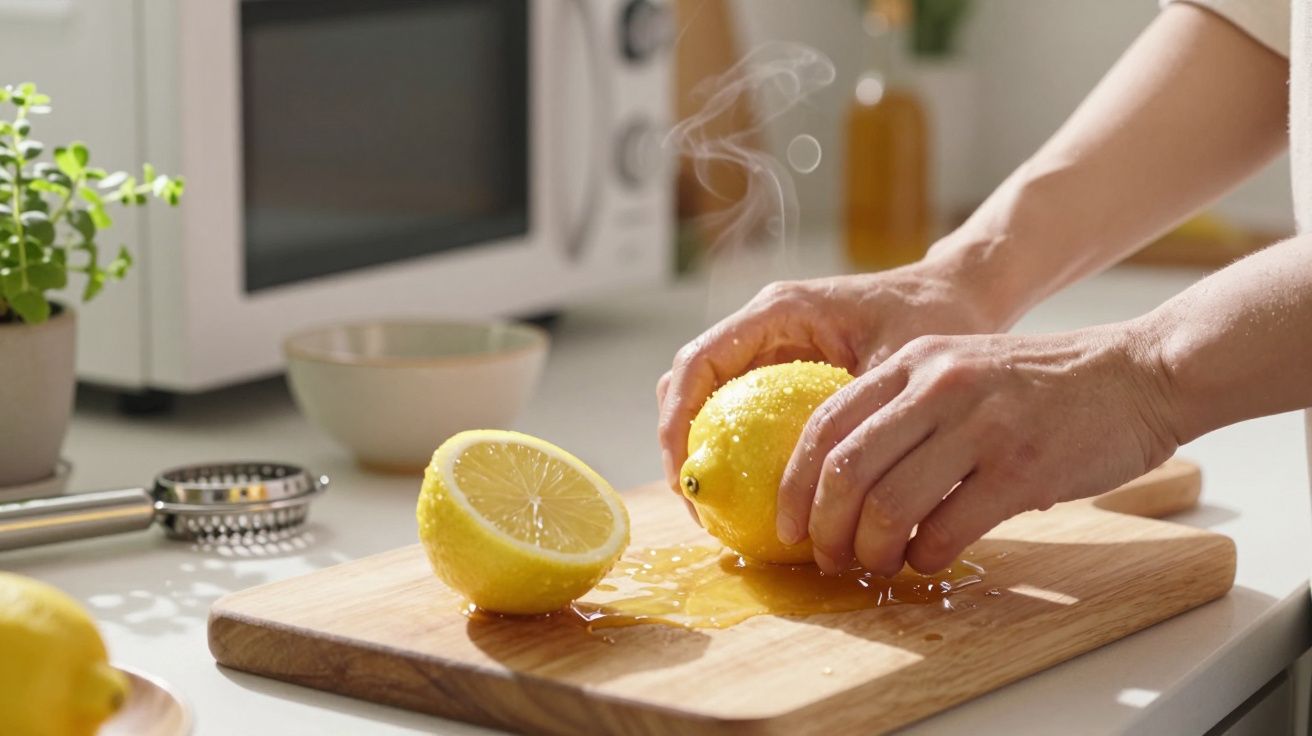 Mãos espremendo limão cortado sobre tábua de madeira numa cozinha iluminada.
