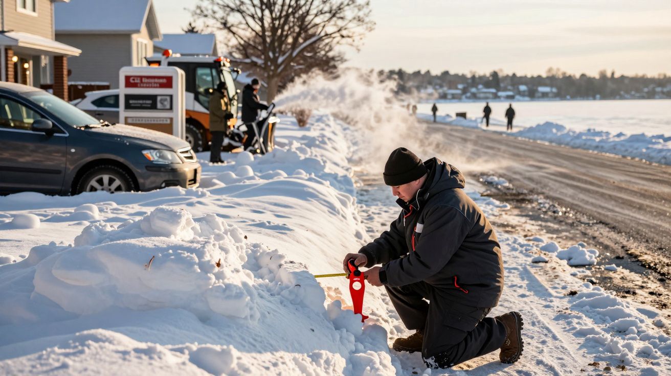 Homem de casaco e gorro a medir a altura da neve numa zona residencial com veículos e pessoas ao fundo.