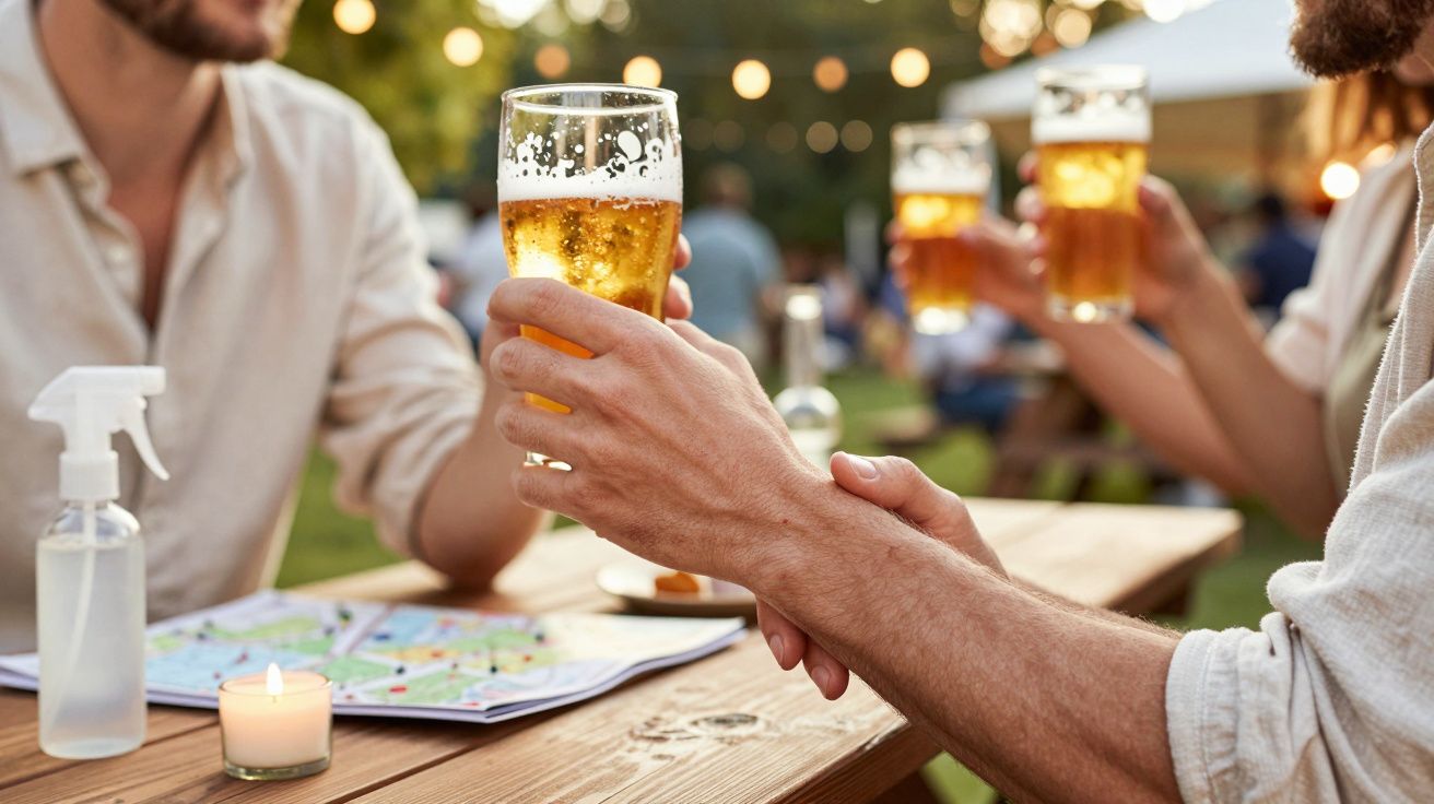 Pessoas brindam com copos de cerveja num piquenique ao ar livre, num dia ensolarado. Uma vela e um mapa na mesa.