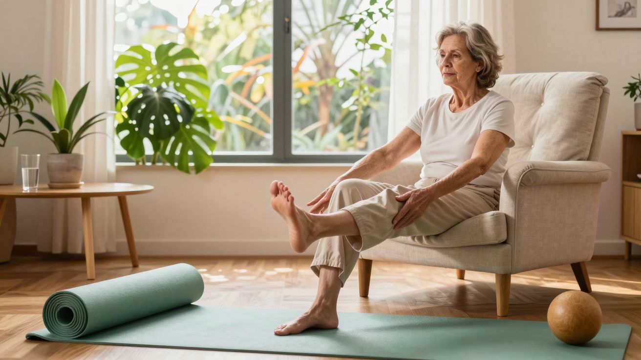 Mulher idosa faz exercícios sentada numa cadeira, com tapete de ioga e bola numa sala iluminada pelo sol.