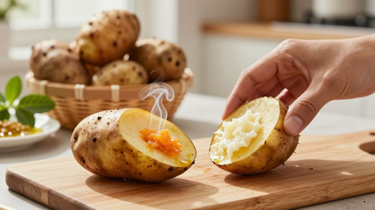 Batata assada cortada ao meio, com vapor saindo, recheada com manteiga e legumes coloridos, sobre tábua de madeira.