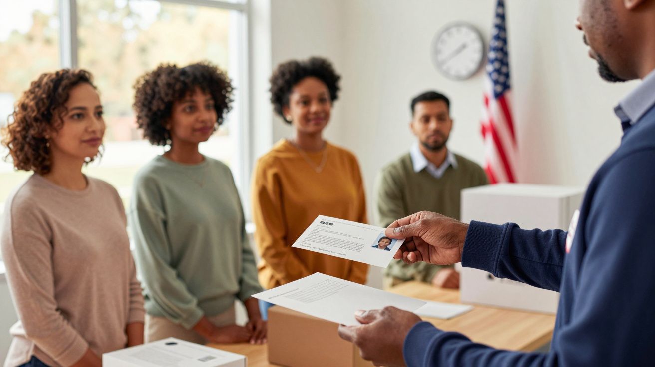Pessoa entrega cartão a quatro pessoas numa sala com bandeira e relógio ao fundo.