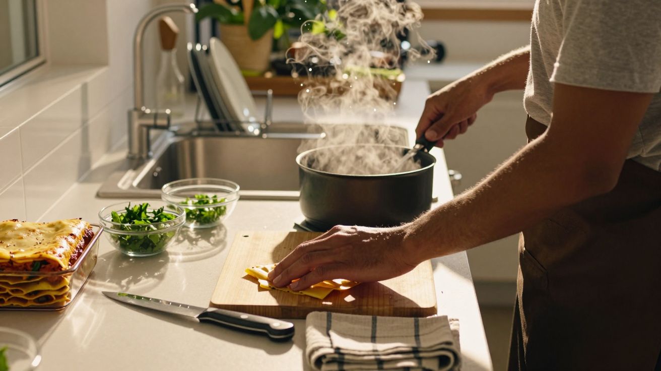 Homem corta queijo numa cozinha, ao lado de um tacho de água a ferver e ingredientes para lasanha sobre a bancada.