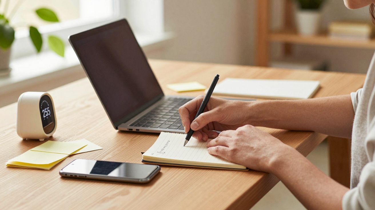 Pessoa a escrever num caderno numa secretária com portátil, telemóvel e relógio digital ao lado.