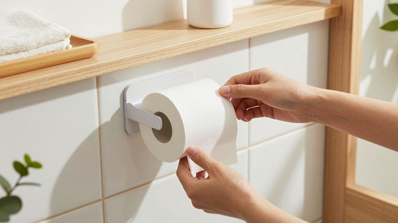 Pessoa substituindo rolo de papel higiénico em suporte numa casa de banho clara e minimalista.