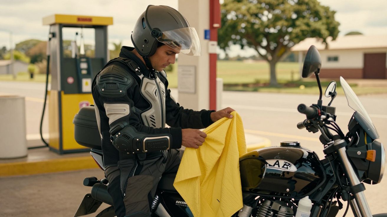 Motociclista com capacete e proteção limpa a moto preta num posto de combustível com um pano amarelo.