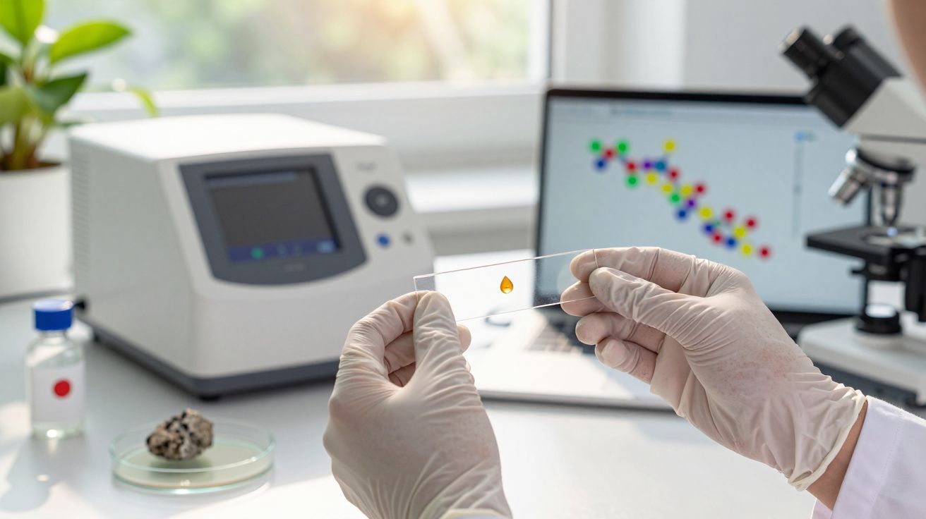 Cientista segura lâmina com amostra no laboratório, perto de computador com gráfico, microscópio e equipamentos.