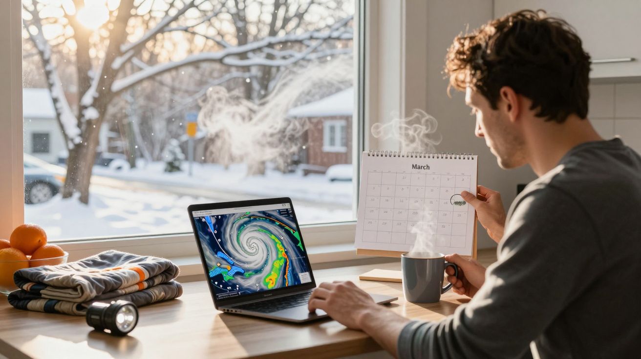 Homem com cháve calendar e portátil, sentado numa mesa, observa previsão do tempo. Neve visível através da janela.