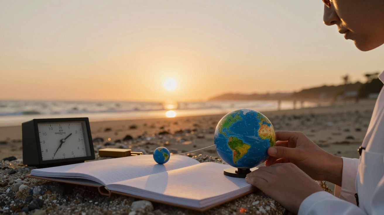 Pessoa coloca um globo terrestre pequeno sobre um caderno na praia ao pôr do sol, com um relógio ao lado.