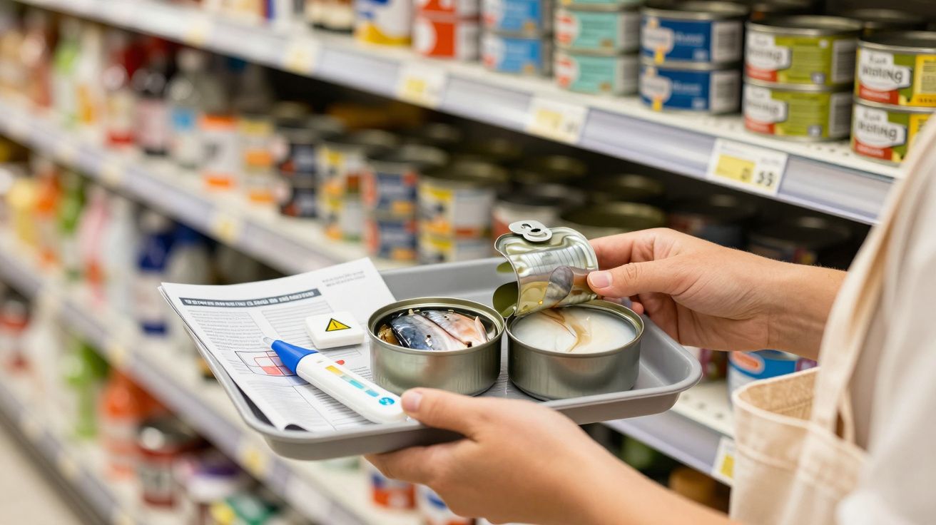 Pessoa segura bandeja com latas de conserva abertas e documentos num corredor de supermercado.