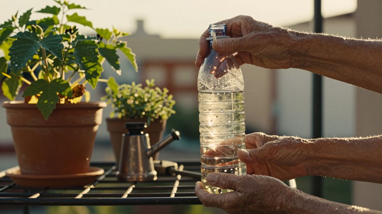 Mãos idosas seguram garrafa plástica com água perto de vasos de plantas, sob luz do sol.