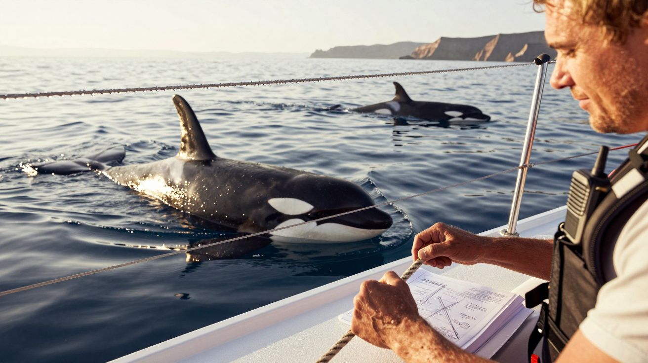 Homem em barco observa duas orcas na água ao lado, com uma corda nas mãos e um caderno ao fundo.