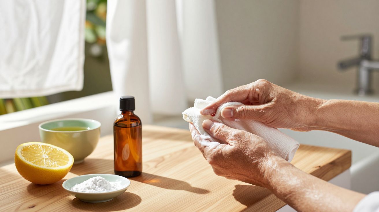 Mãos segurando pano branco, limão cortado, garrafa âmbar e tigela verde sobre mesa de madeira iluminada pelo sol.