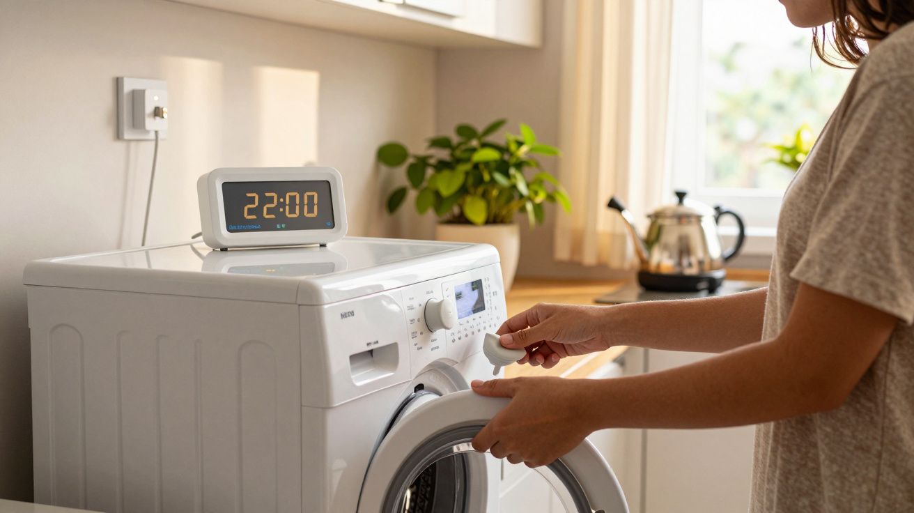 Mulher a abrir máquina de lavar roupa numa cozinha com luz natural e relógio digital.