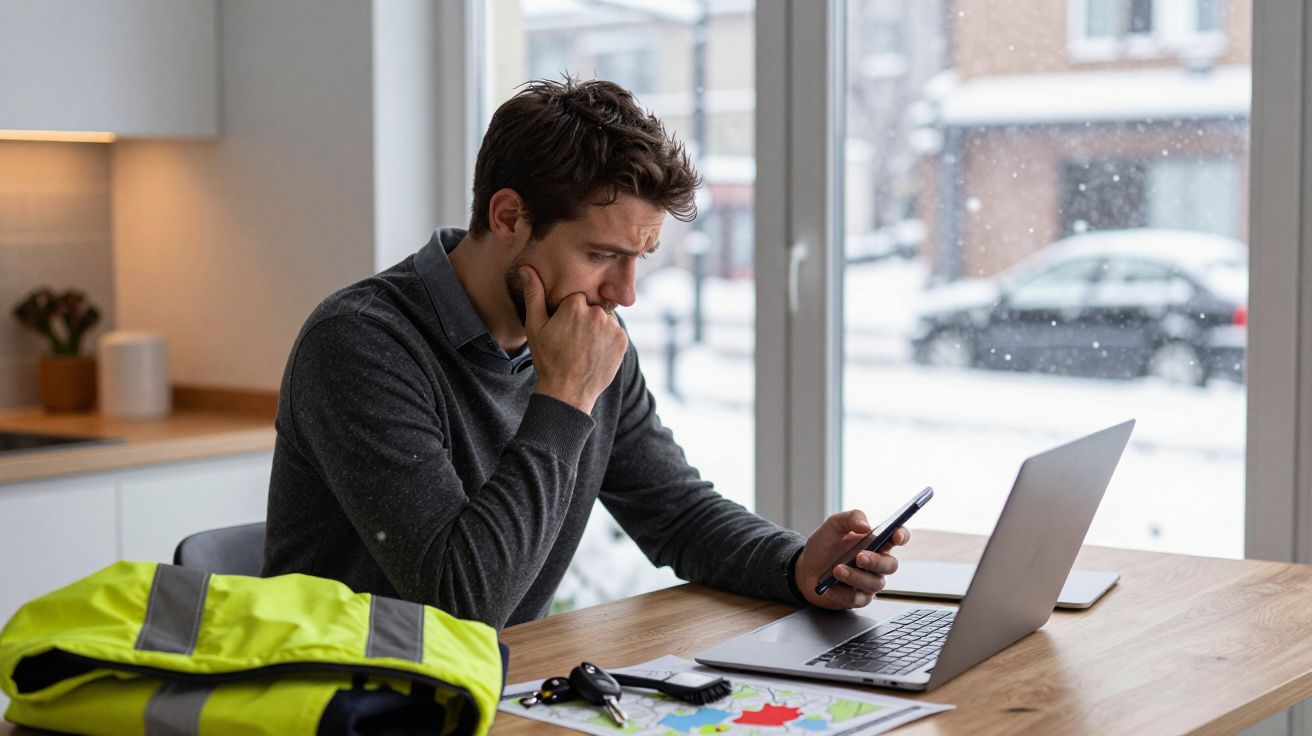 Homem pensativo a olhar para o telemóvel, sentado a uma mesa com um portátil. Neva lá fora através da janela.