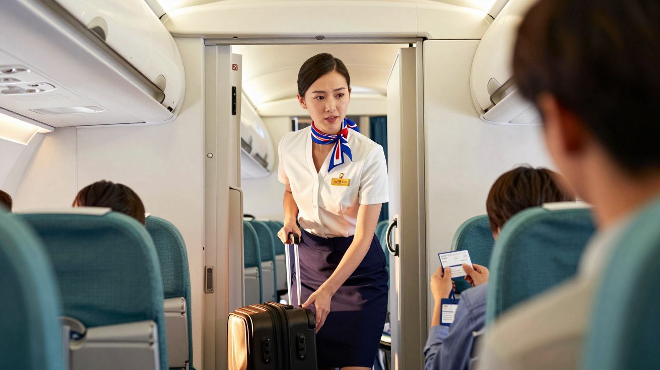Assistente de bordo com uniforme verifica bilhetes enquanto puxa uma mala de viagem num corredor de avião.