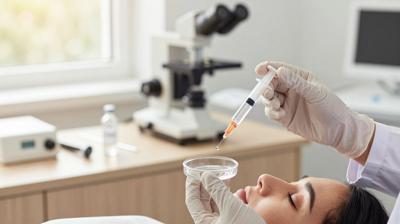 Profissional de saúde prepara injeção sob um microscópio com paciente deitado.