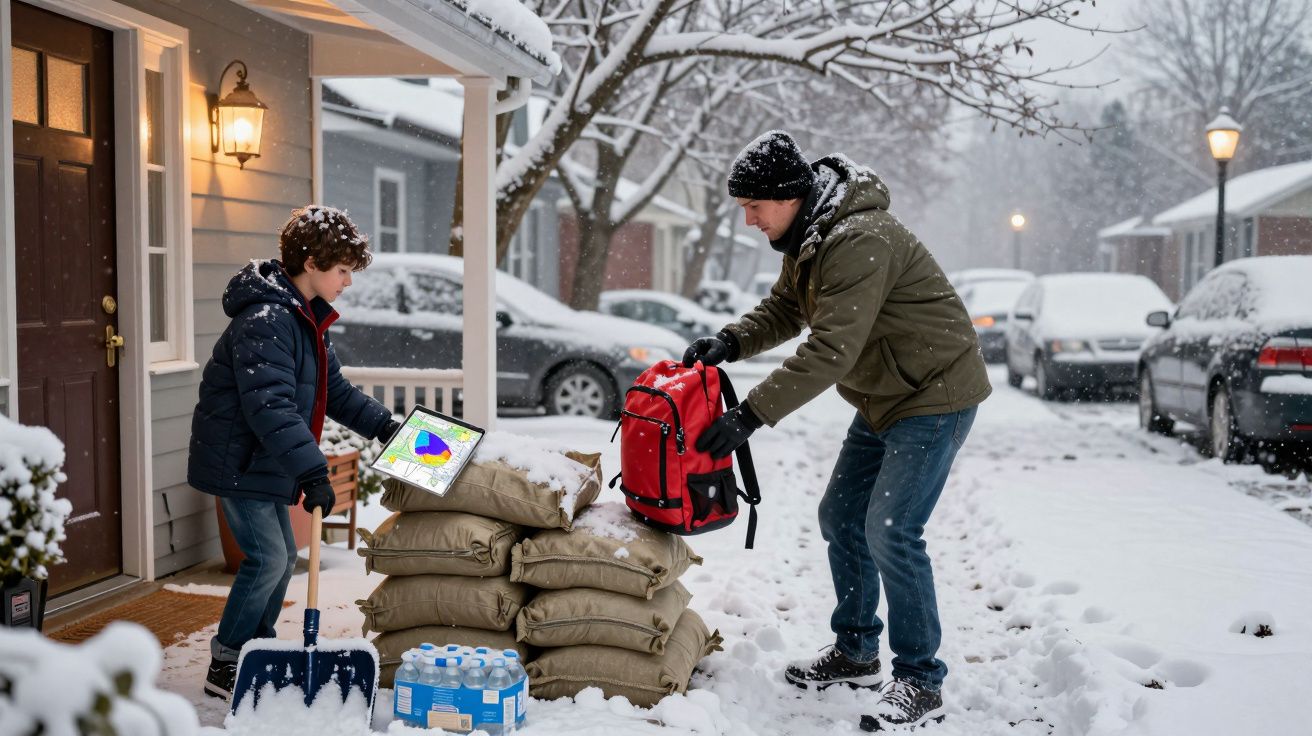 Pai e filho frente a casa nevada; filho com pá, pai com mochila, monitor ligado e sacos empilhados.