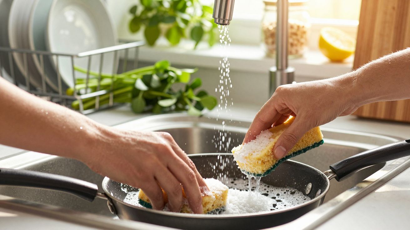 Duas mãos lavam uma frigideira com esponjas debaixo da torneira numa cozinha ensolarada.