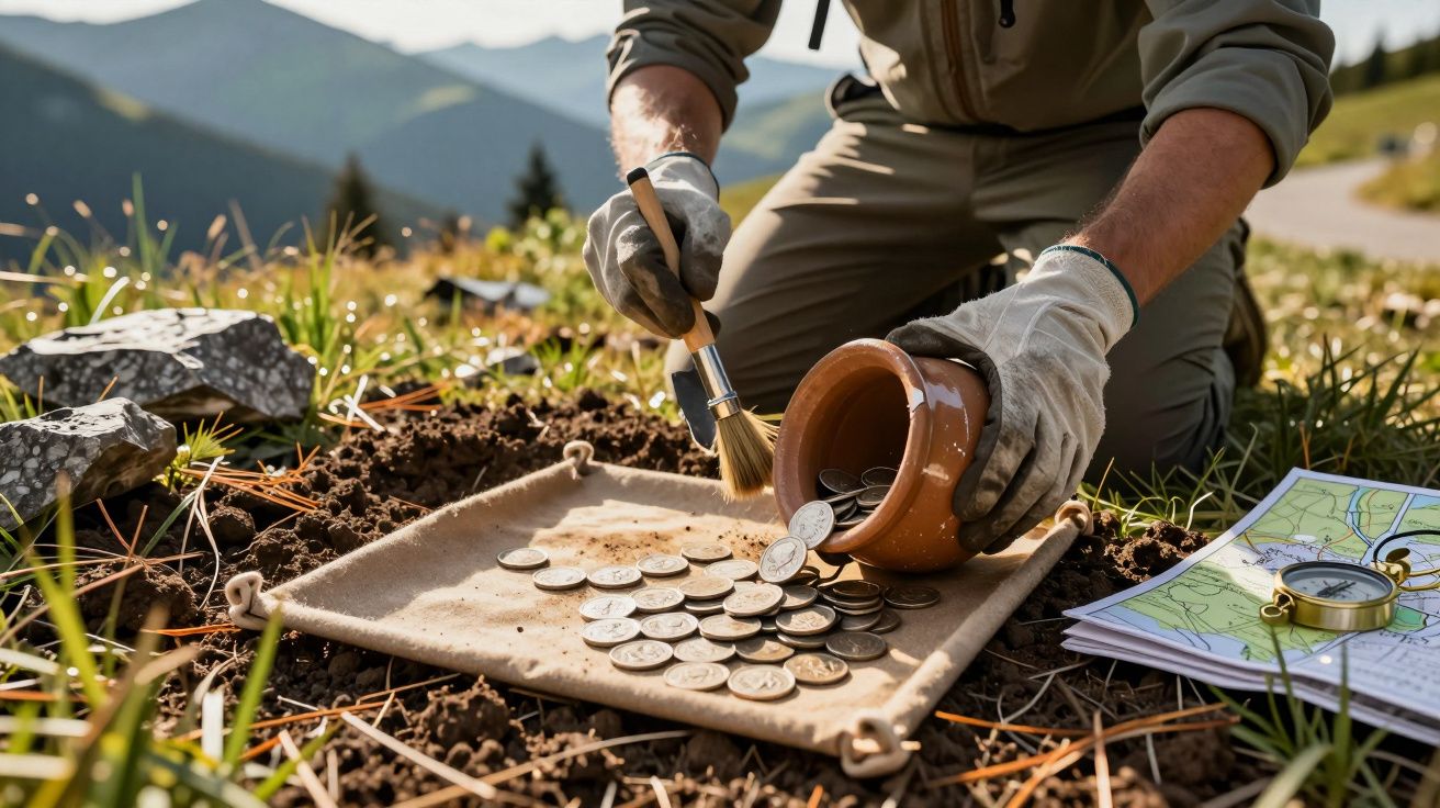 Pessoa escava moedas antigas de um pote de barro ao ar livre, usando pincel e mapa. Montanhas ao fundo.