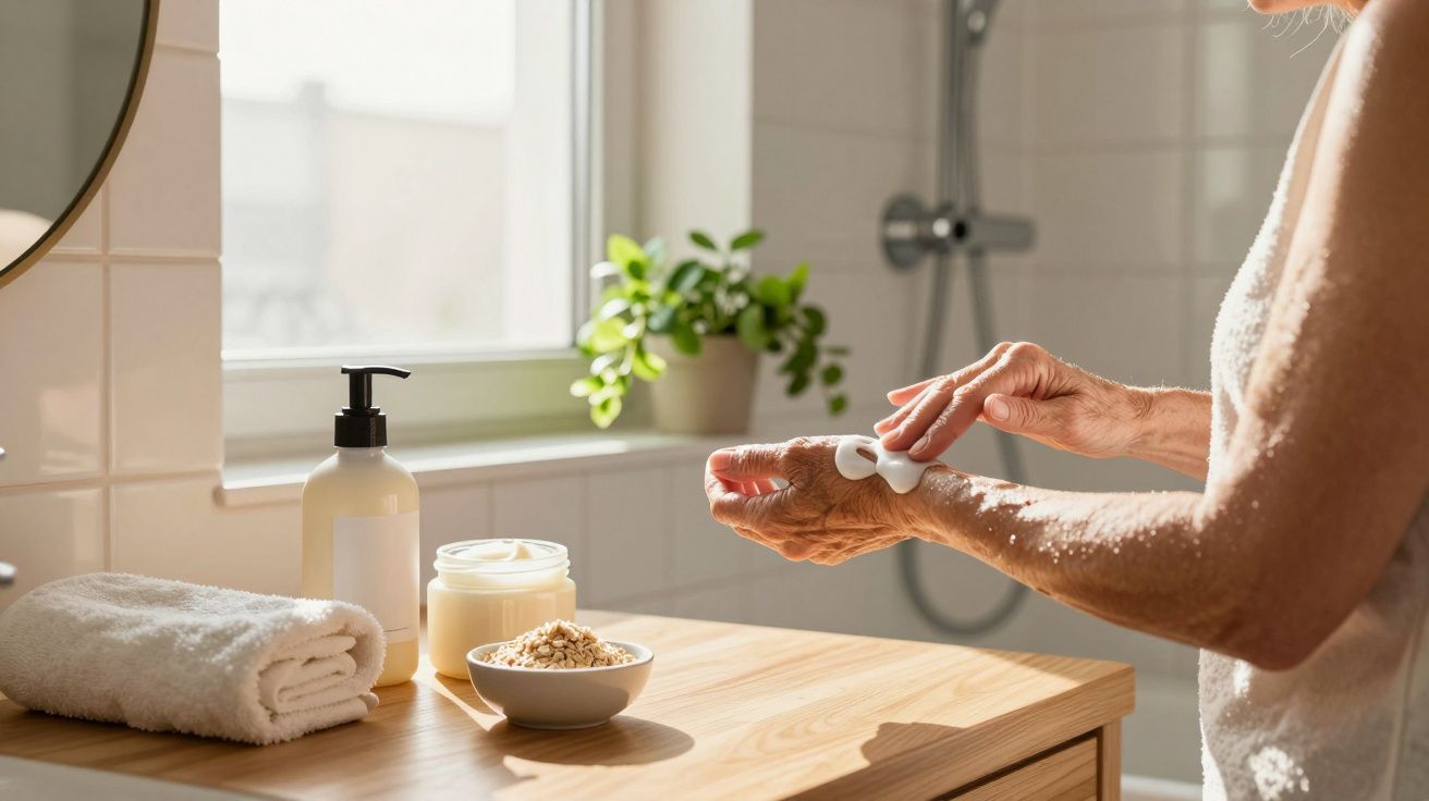 Pessoa aplica creme nas mãos numa casa de banho iluminada, com toalhas e produtos cosméticos sobre a bancada.